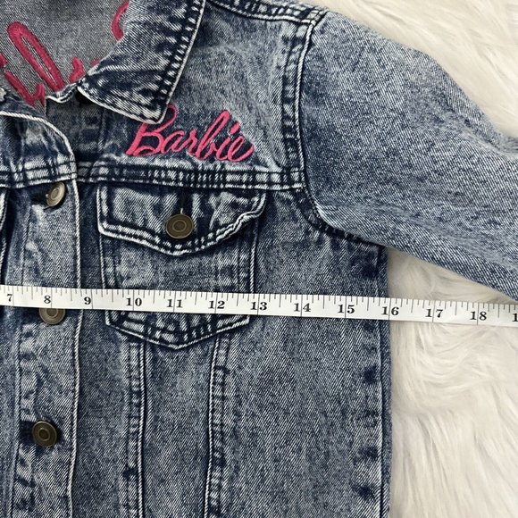 Barbie Girls Denim Jean Jacket M 100% Cotton Front Back Logo Light Wash - Picture 10 of 13
